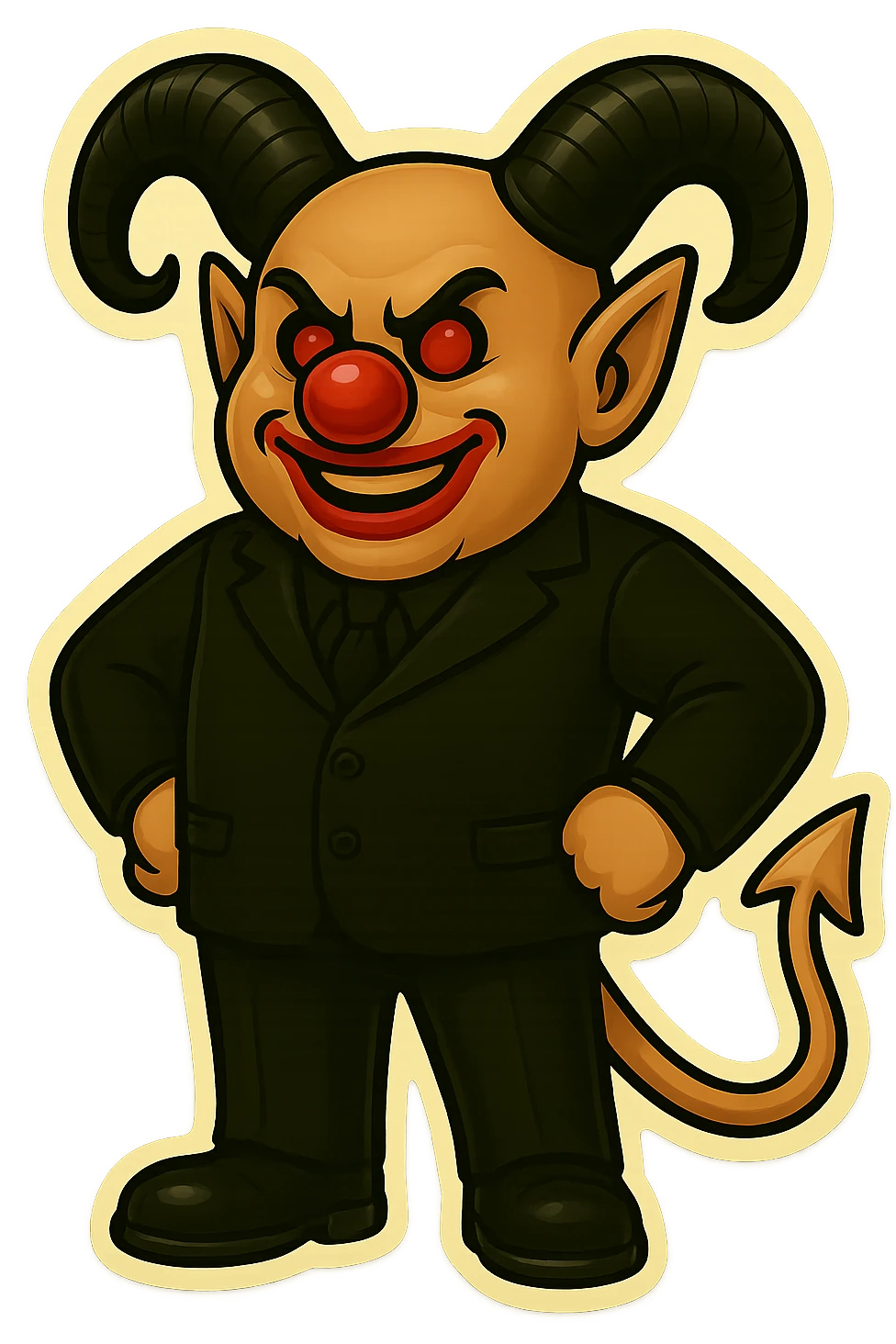 Evil clown wizard in retro sticker style, transparent background, wearing an all black suit, no pentagrams, using the face, horns, and tail from the reference image. Pose: hands on hips, looking proud, clean modern sticker look. emoji