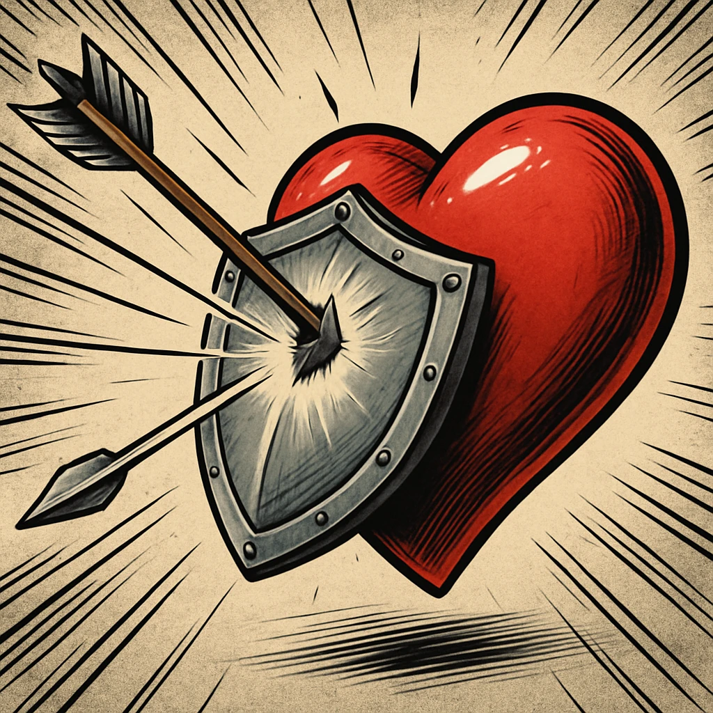 An arrow attempting to pierce a heart, but a shield is protecting the heart, dynamic and expressive composition emoji