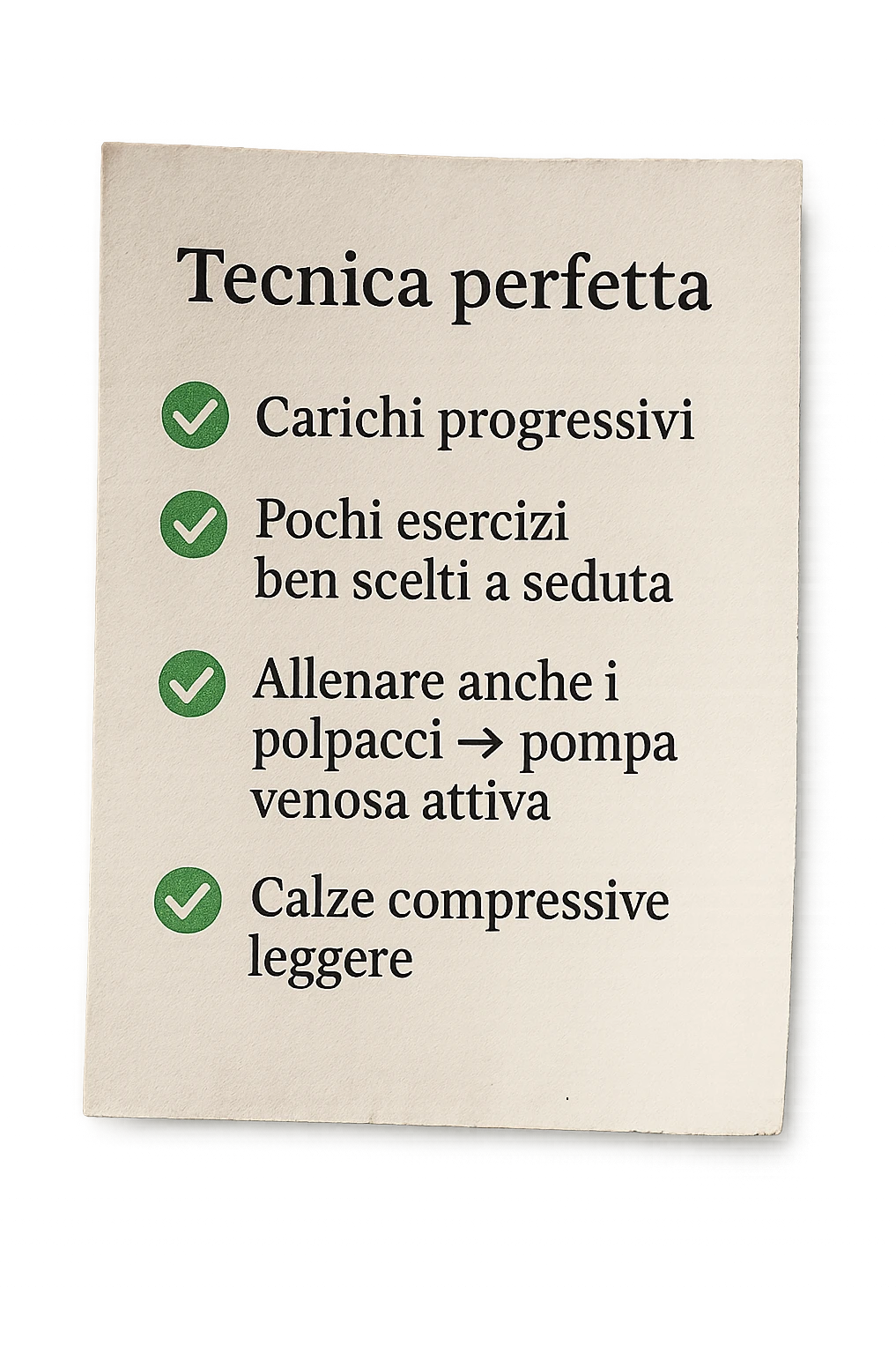 FOGLIO DI CARTA PER L'ALLENAMENTO IN PALESTRA CON LA SCRITTA "Tecnica perfetta
 ✅ Carichi progressivi
 ✅ Pochi esercizi ben scelti a seduta
 ✅ Allenare anche i polpacci → pompa venosa attiva
 ✅ Calze compressive leggere" , IPERREALISTICA 4K emoji