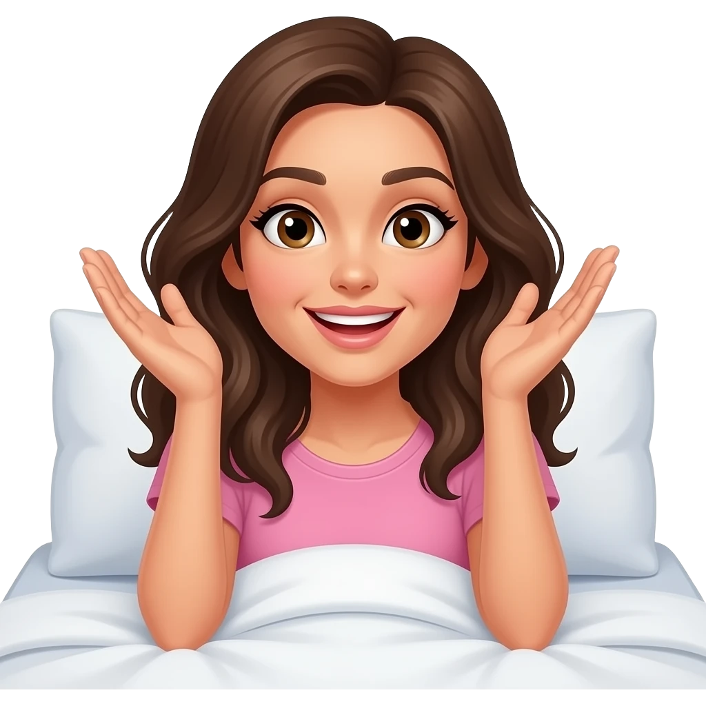침대에 누워서 특별한 생각이 유레카하며 떠오른 느낌의 캐주얼한 스타일의 예쁜 20대 여성 이모지 emoji