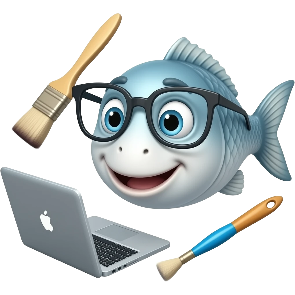 노트북과 붓이 있는 안경쓴 물고기 얼굴 몸은 없고 노트뷱이랑 붓은 허공에 emoji