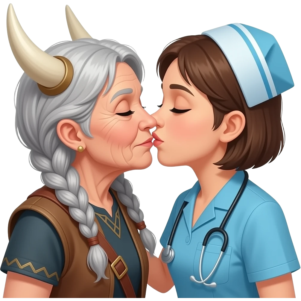 Viking gray braids old woman kissing old woman shortest hair brunette old nurse emoji