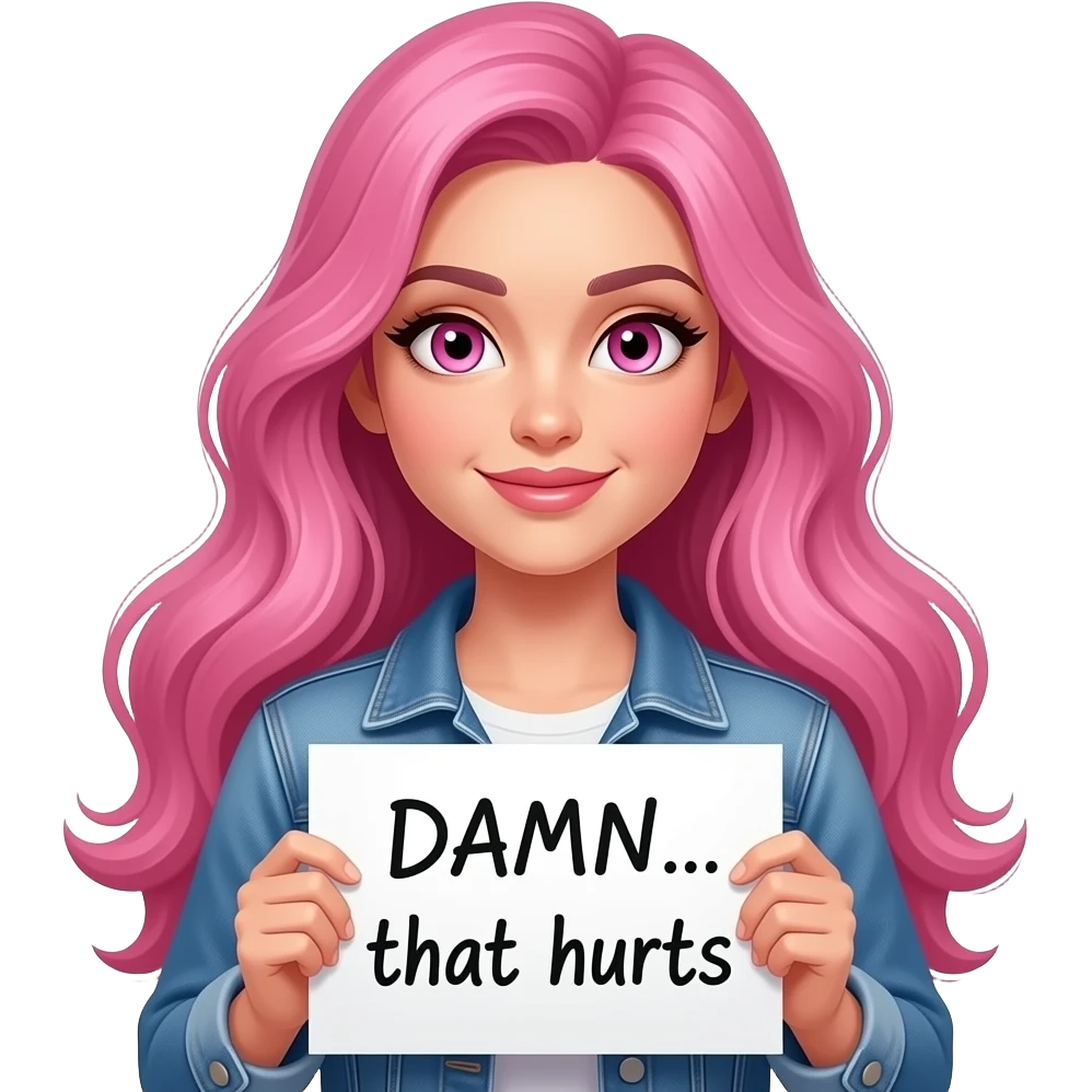 sexy girl with long pink hair and pink eyes holding DAMN... that hurts sign emoji