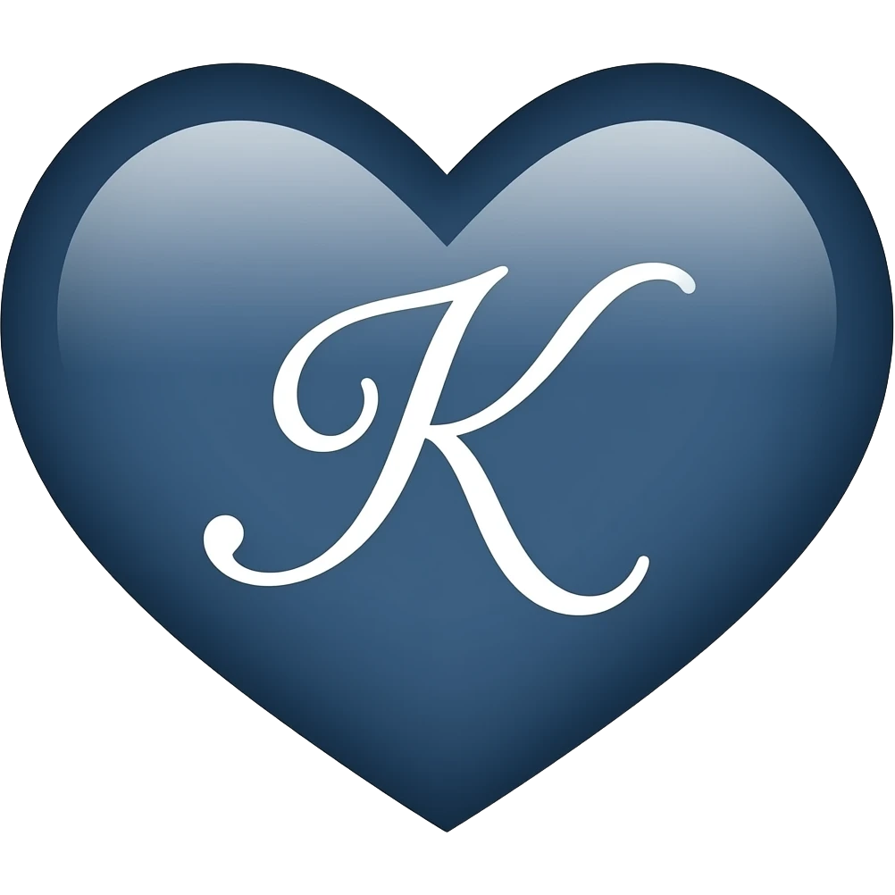 dark deep blue heart with cursive K inside emoji
