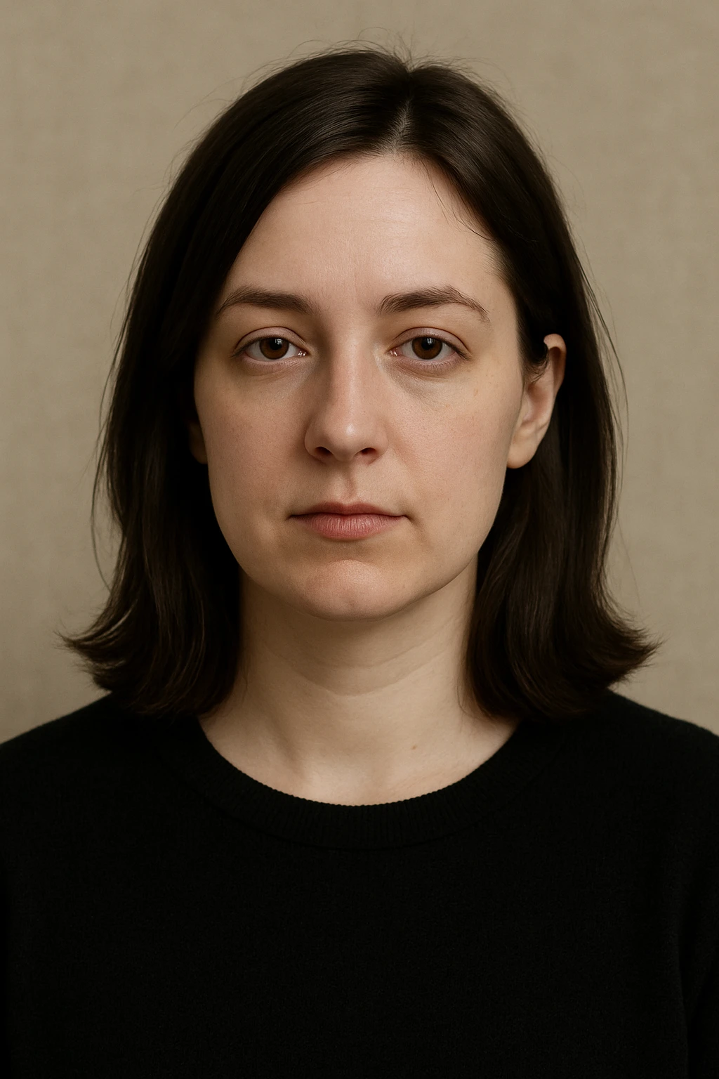 portrait of a white lady with dark brown shoulder length hair, neutral expression, simple background emoji