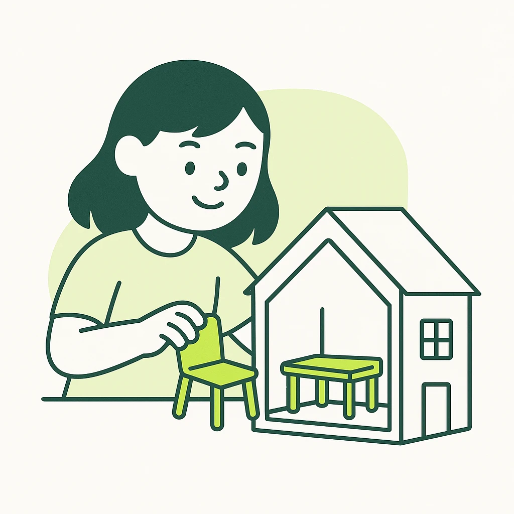 smiling girl arranging furniture in doll house emoji