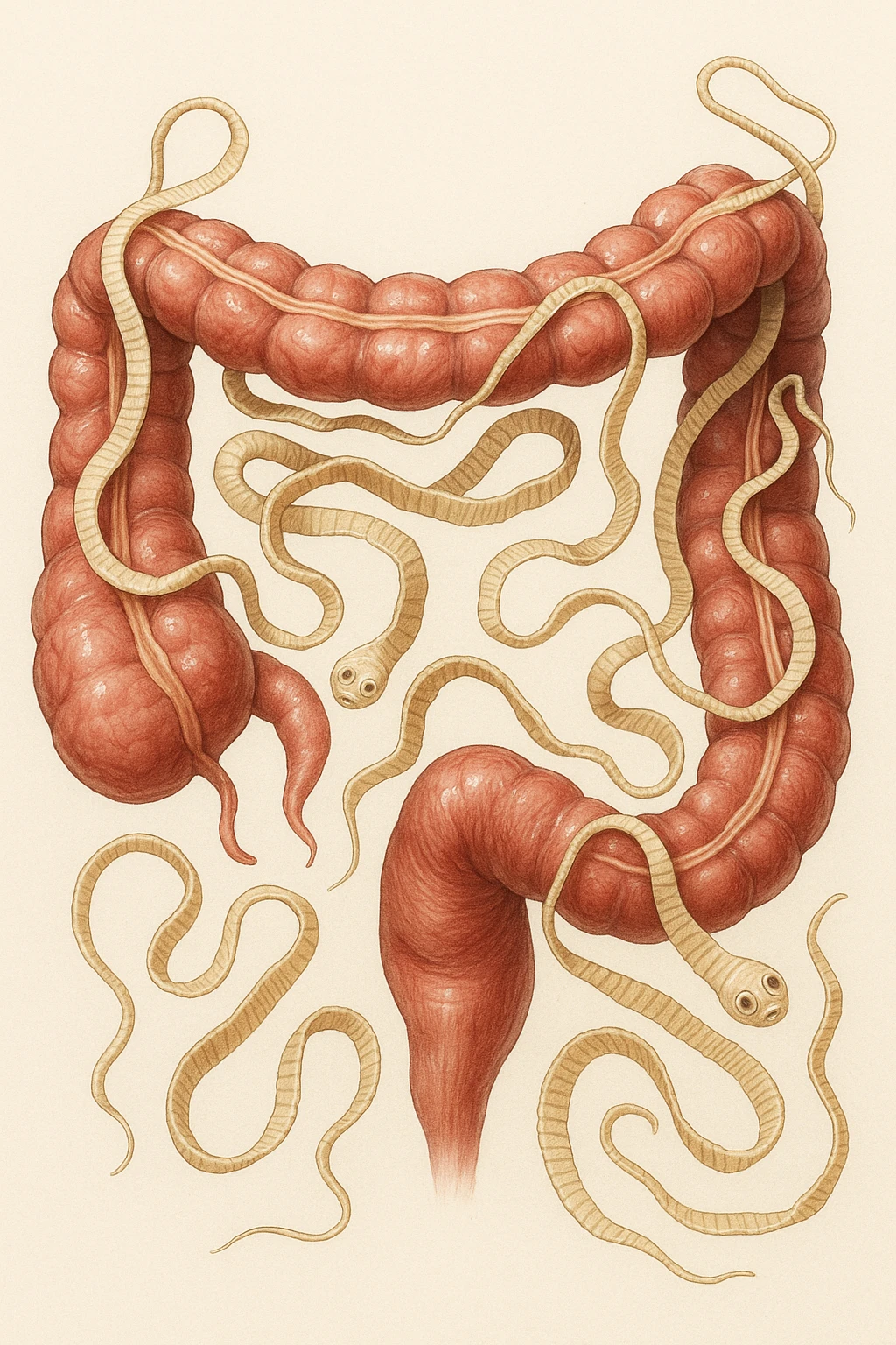 intestino umano anatomico con parassiti tipo la tenia sopra e intorno, iperrealistici 4k emoji