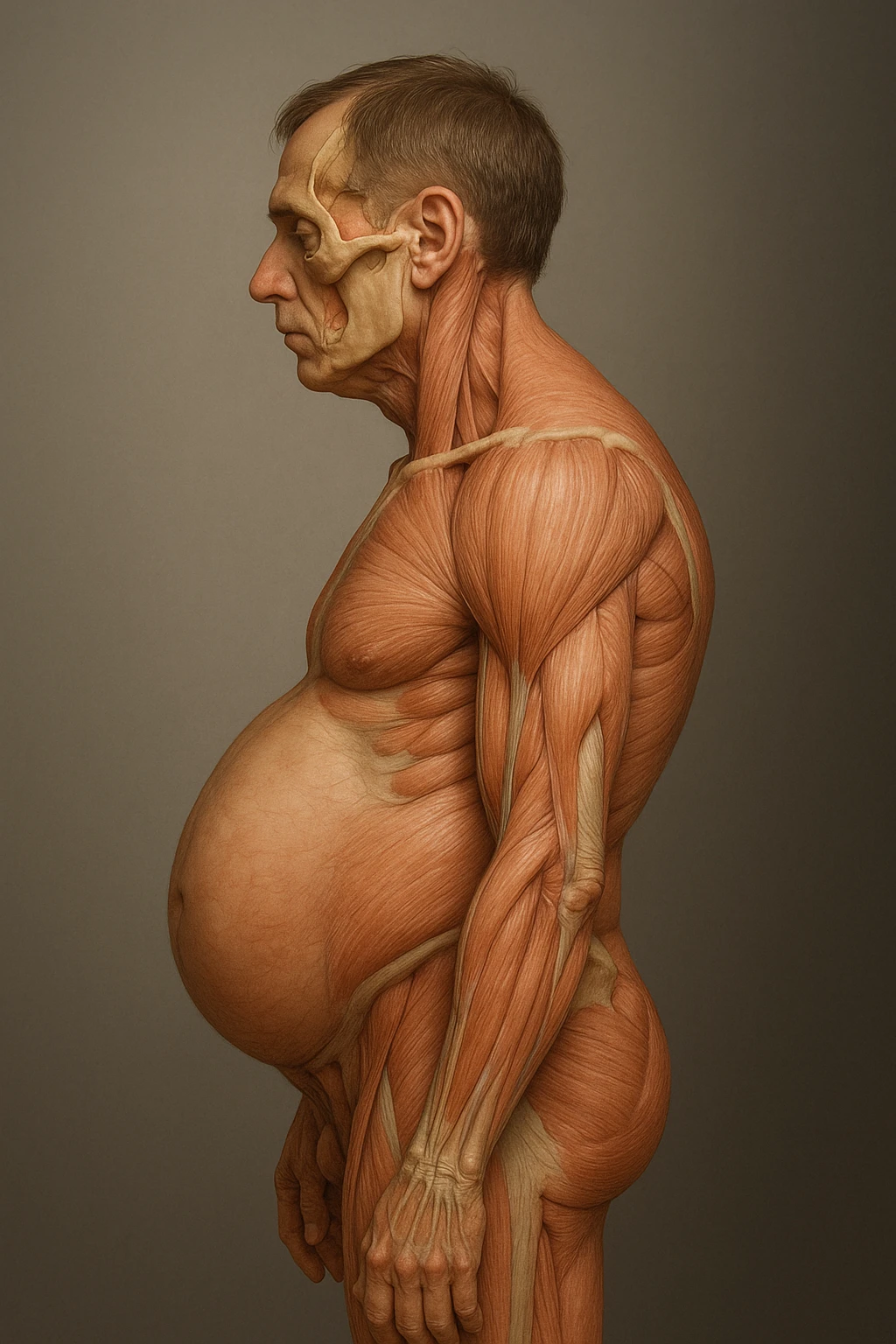 corpo UMANO ANATOMICO di profilo con spalle chiuse in avanti e pancia sporgente, postura errata, iperrealistico 4k emoji
