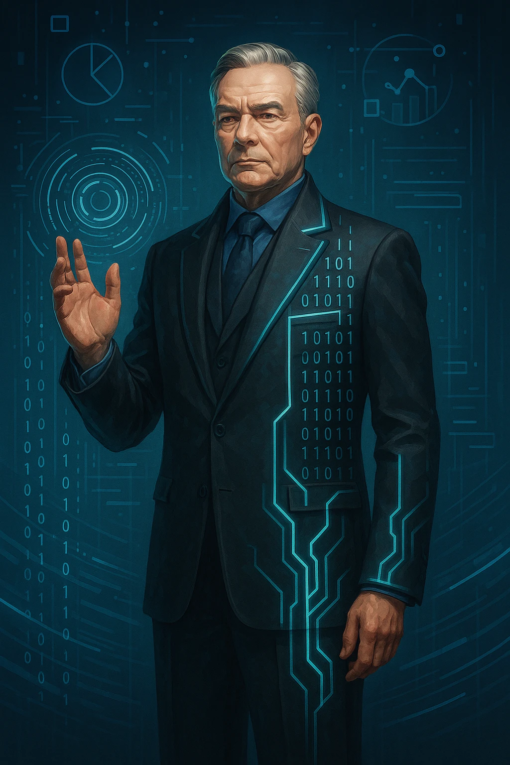 a data Governor, depicted as a dignified figure blending elements of authority and digital data, with a futuristic touch emoji