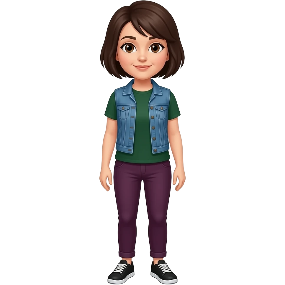 A adult woman with Brown eyes, Dark Brown hair styled as a shoulder length Pixie cut, fair skinned, and wearing a Dark green T-shirt, plum colored pants, black running shoes and a wearing a blue denim vest. emoji