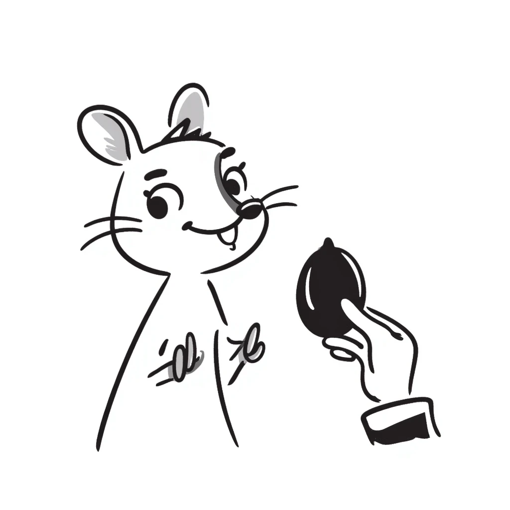 Hand-drawn squirrel with dripping drool, hungry expression, eyeing food emoji