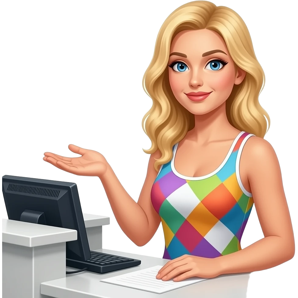 Sexy girl, blonde, blue eyes, slavic, sexy hair style, angle view, colorful tanktop, receptionist at front desk emoji