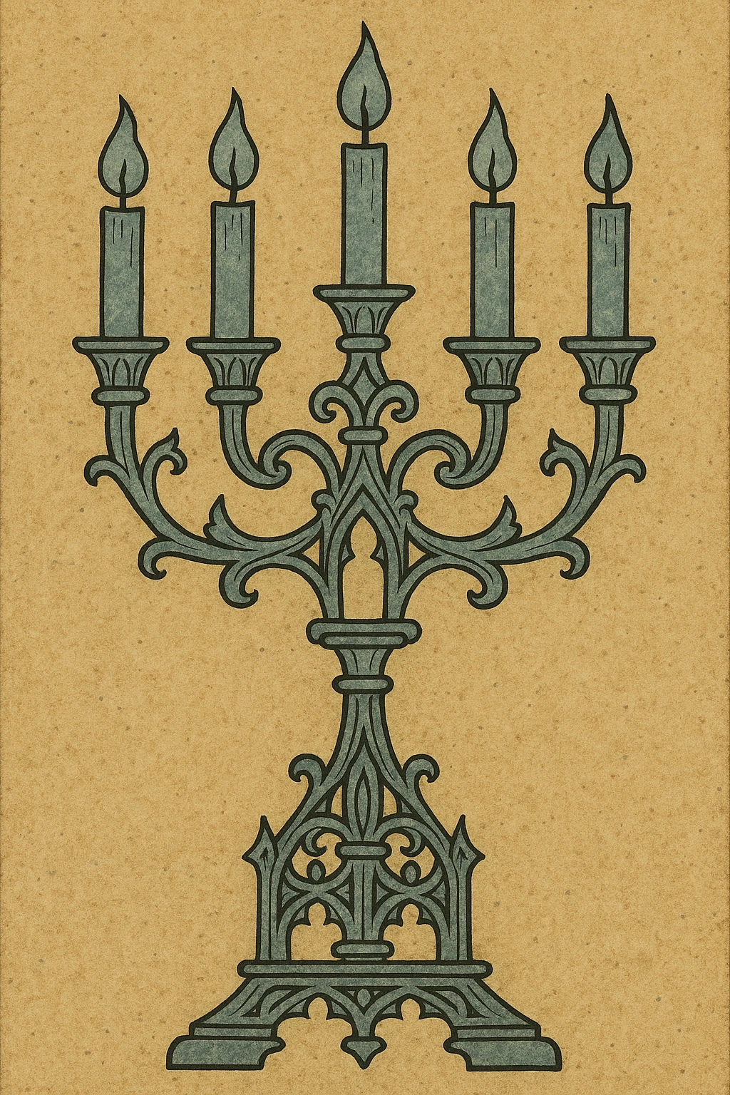 gothic candelabra in gothic style, ornate medieval gothic metalwork, intricate design, candle holders, dark atmospheric lighting emoji