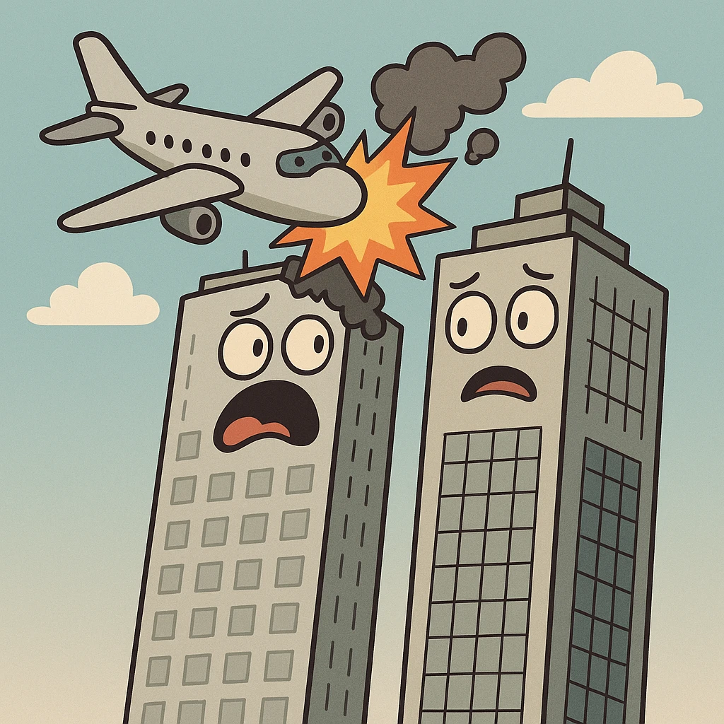 cartoon style of two skyscrapers with an airplane colliding with the left building emoji