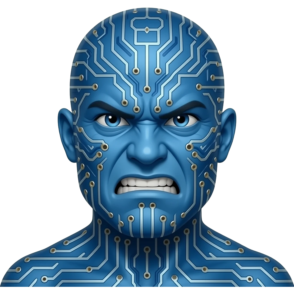 The image features a stylized angry and frowning portrait of Blaze Bayley with blue skin covered in computer circuitry. emoji
