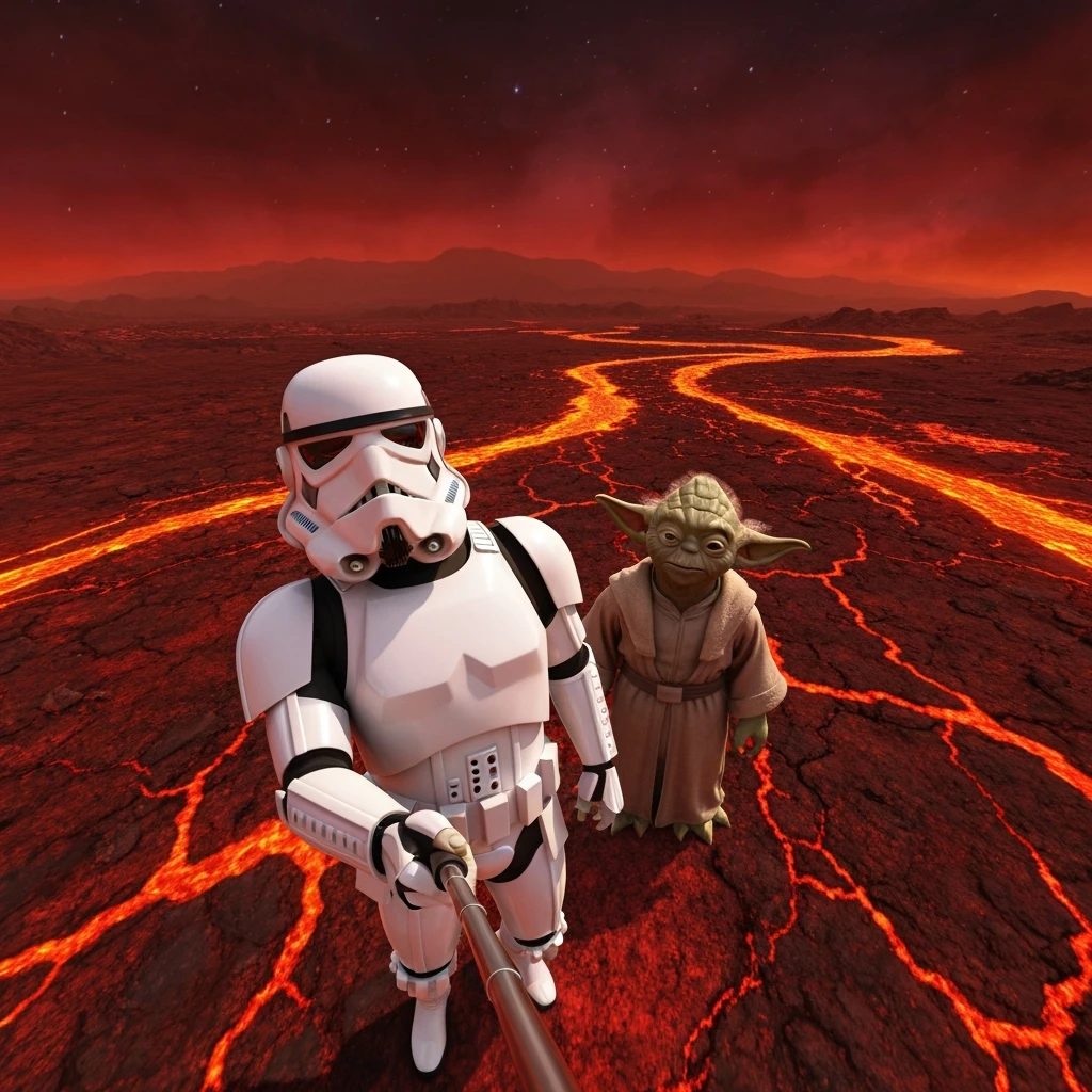 Camera POV, Starwars stormtroopers vlogging selfie, he is walking on lava planet with yoda emoji