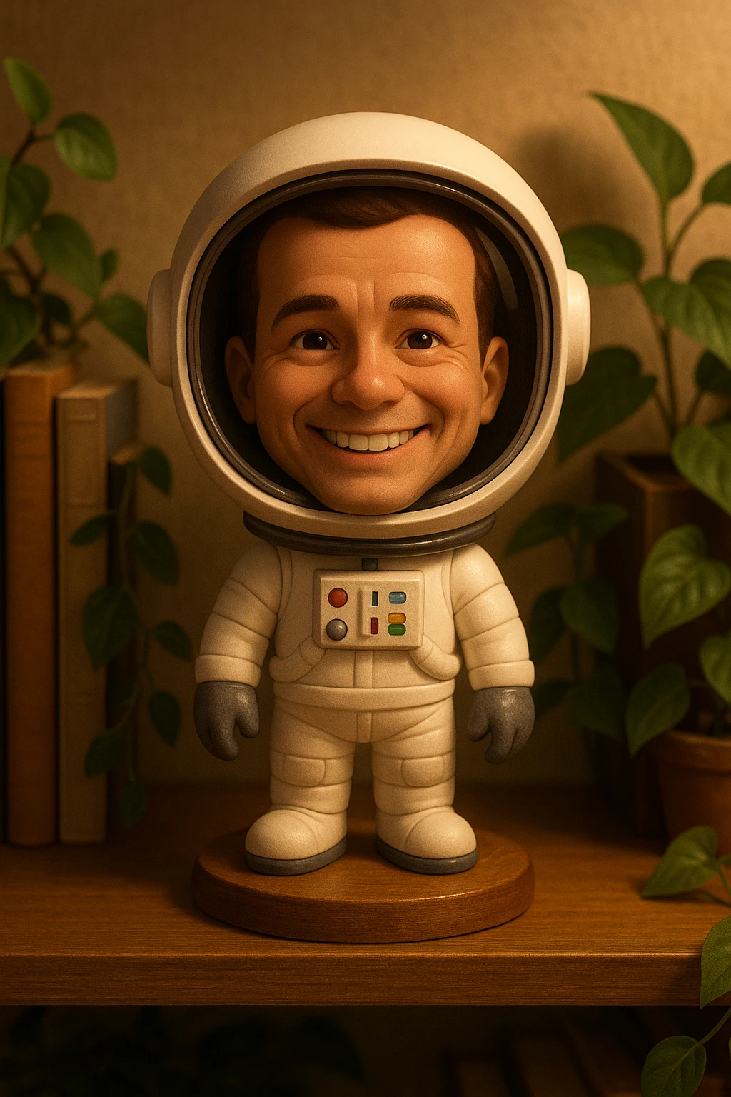 a cheerful astronaut bobblehead with a large helmet emoji