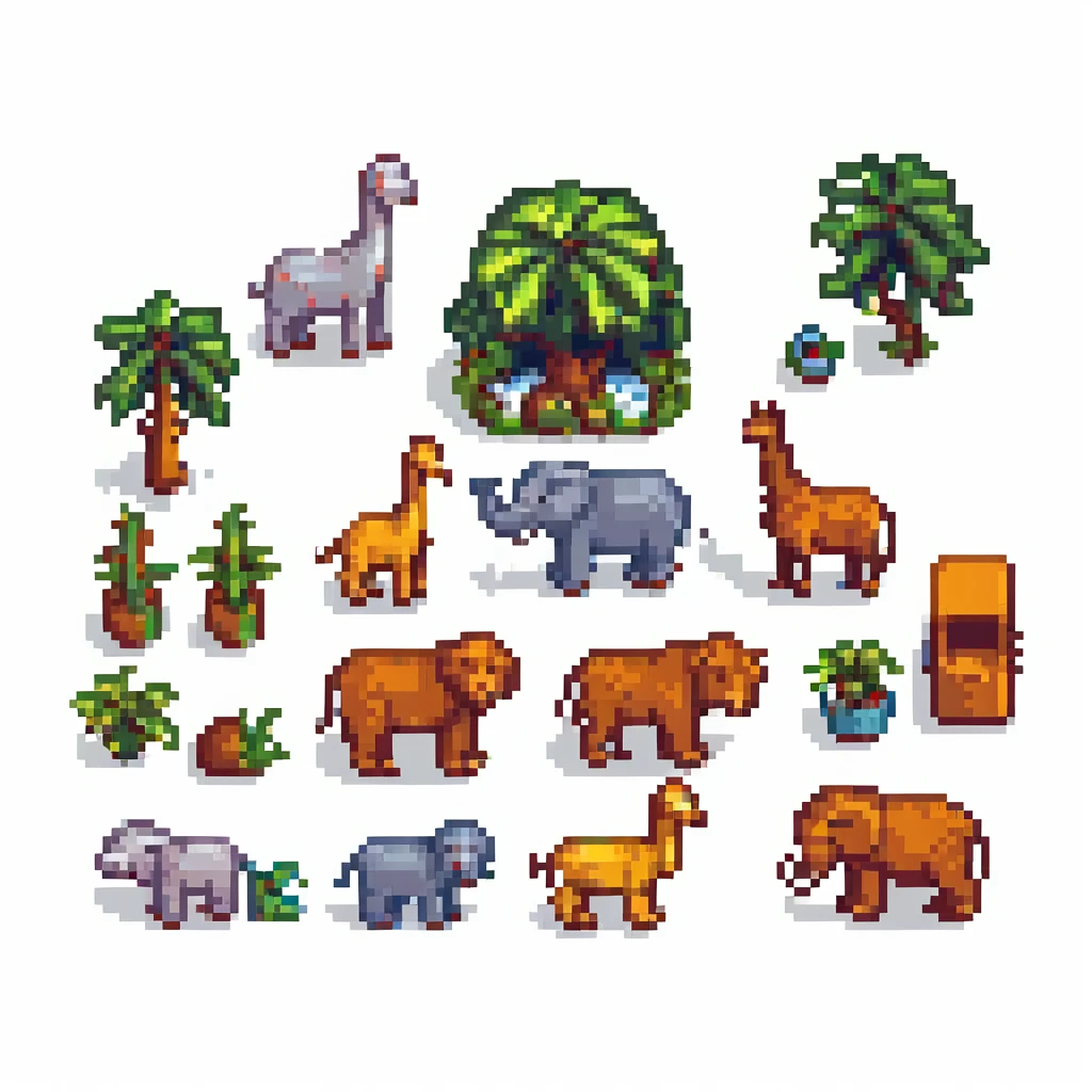 pixel art style zoo with animals and enclosures emoji