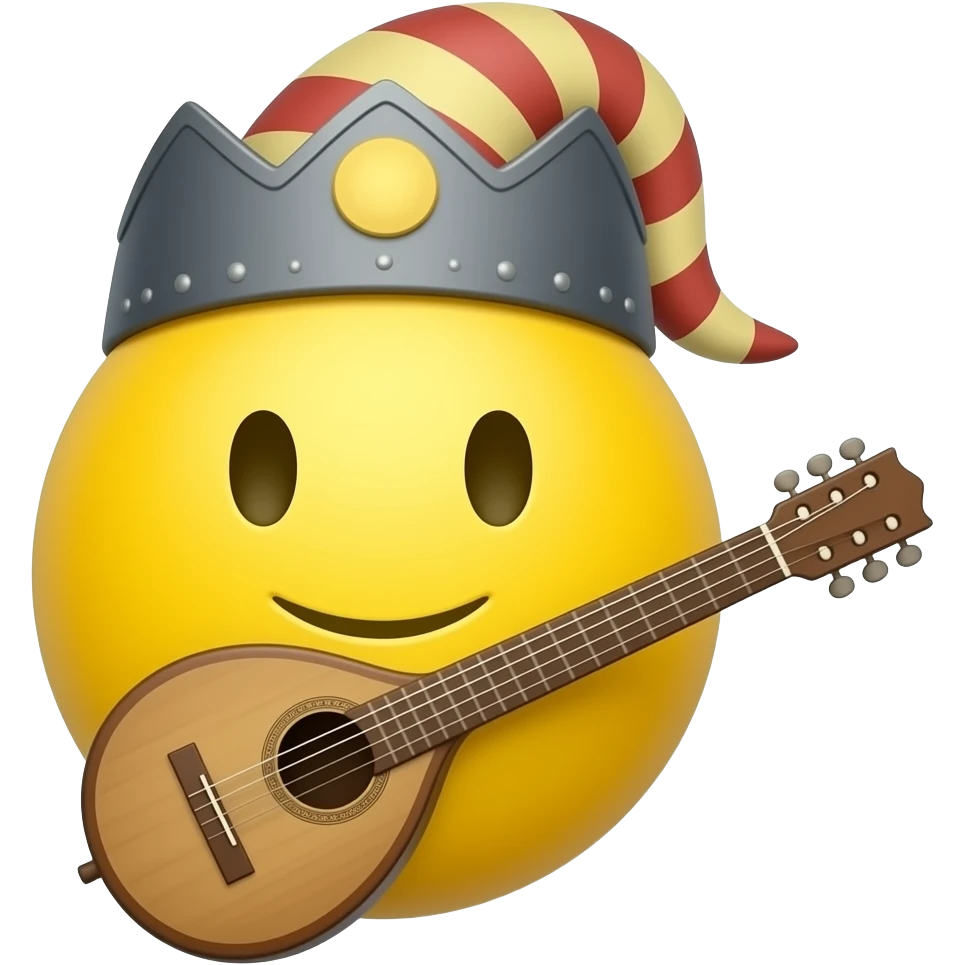 verry round yellow face emoji with a "medieval bard hat" and a "medieval bard instrument", "no arms nor hands" emoji