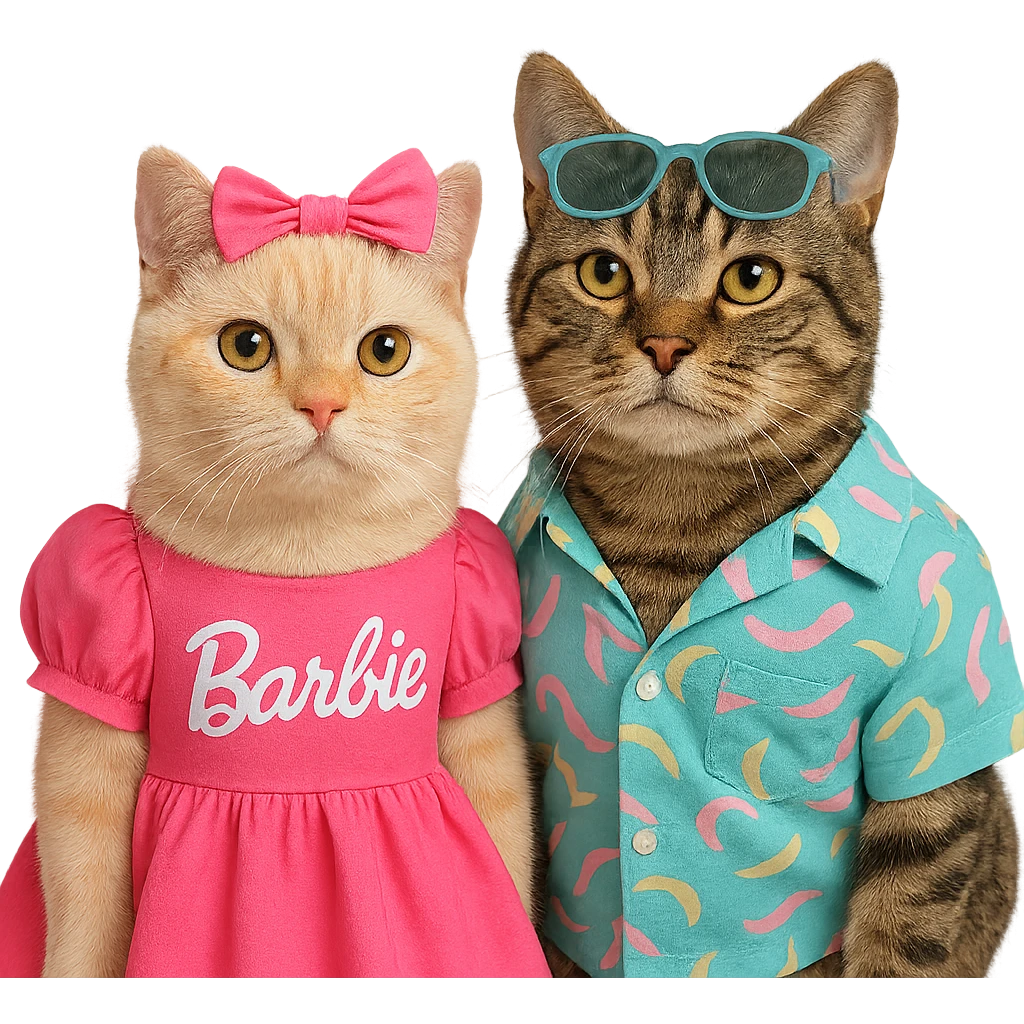 two cats together, one dressed as Barbie in pink, one as Ken in trendy clothes emoji
