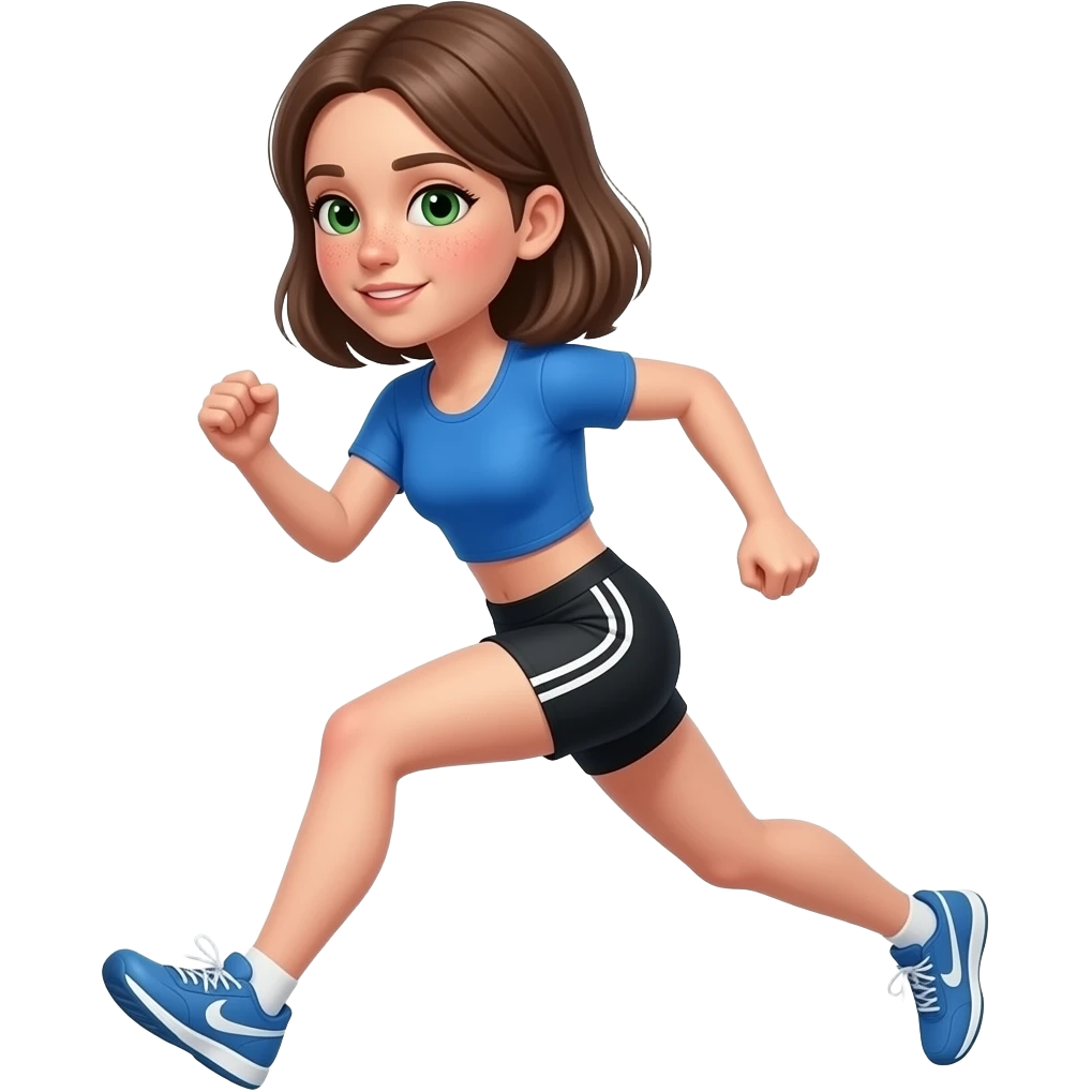 Ahora AZ una chica q sea con pecas por la nariz con los ojos verdes y marrones el pelo medio largo con un top azul y unos pantalones cortos negros de Joma cortos y q esté haciendo longuitud de prueba de atletismo emoji
