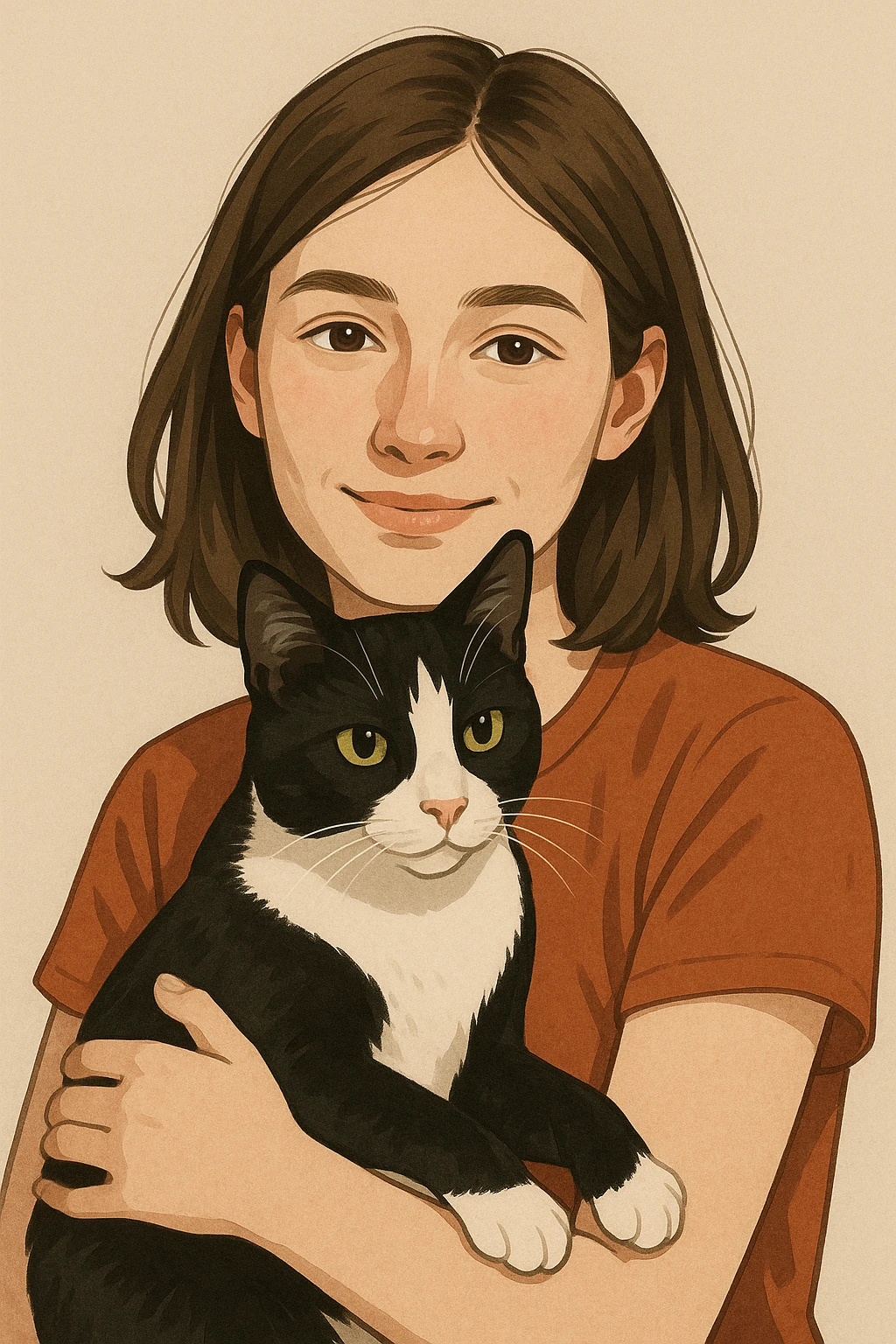portrait of a white-skinned girl with brown hair holding a black and white cat, natural and warm expression, detailed face, affectionate look of the cat, simple background, modern illustration style emoji