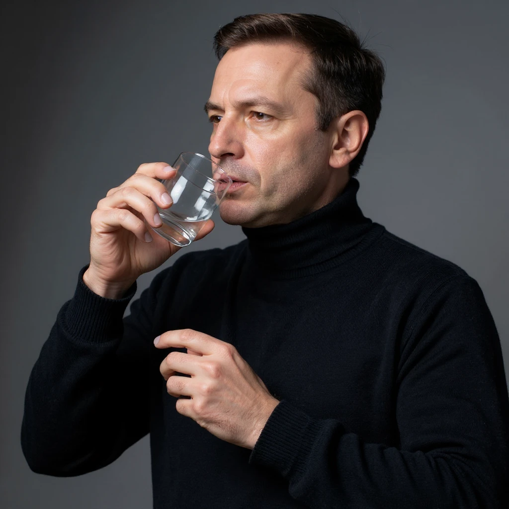 Vertical 2:3 photograph inspired by the reference image, featuring an elegant man in a black sweater, fasting theme. The man is drinking only water, holding a transparent glass, with a determined expression. Realistic style, clearly conveying the concept of fasting. emoji