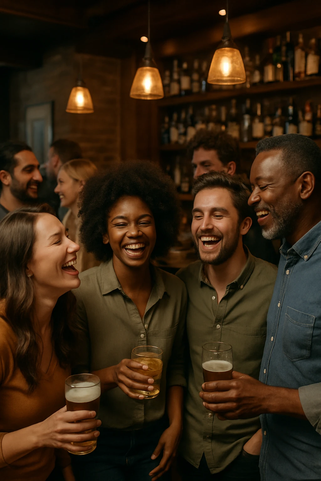 A realistic bar party scene with a diverse group of people socializing, laughing, and holding drinks, set in a cozy bar with warm lighting and wooden decor, 9:16 aspect ratio. emoji