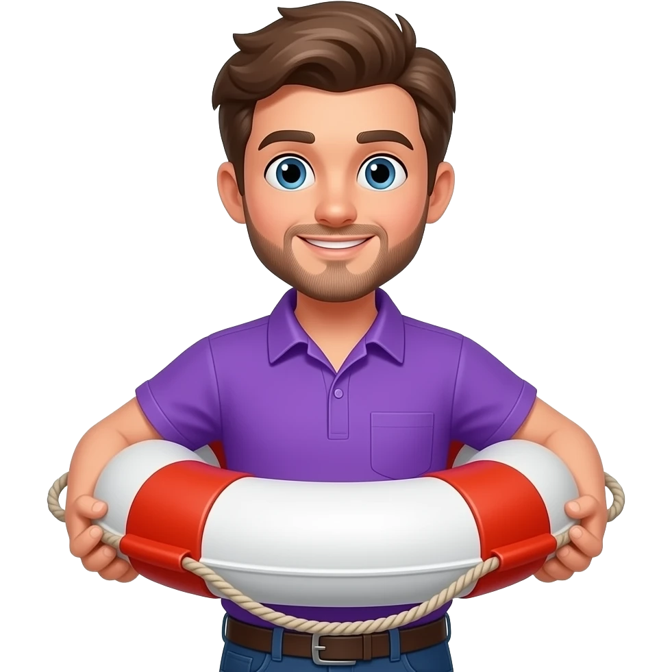 a boy in vibrant purple shirt with beared hold a big size life preserver hold big size life preserver with two hands emoji