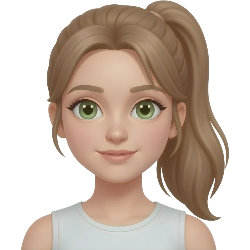 Una niña piel blanquita cara algo ovalada delgada ojos algo verdes cabello largo color café claro y con una coleta de caballo en el pelo emoji