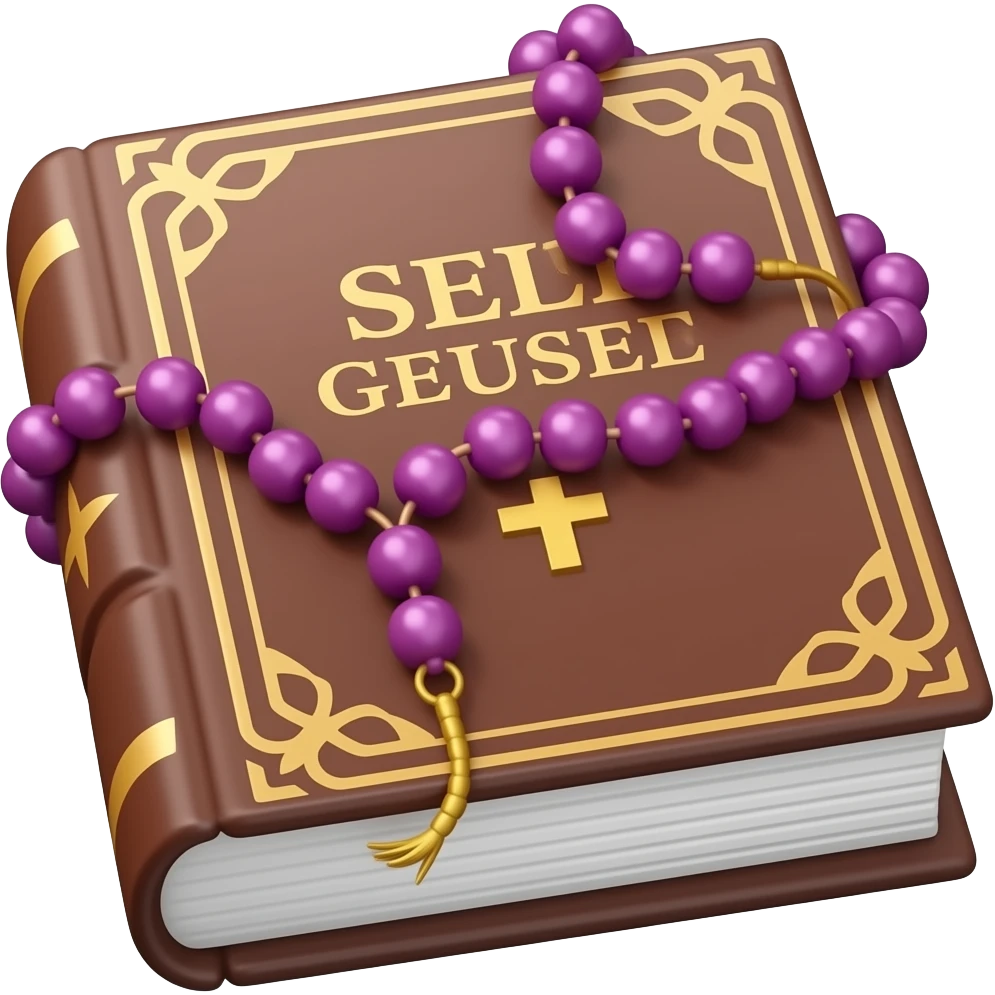 Bíblia Sagrada em pé com rosário na cor Fucshia emoji