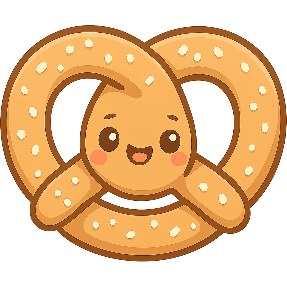chibi sticker-style pretzel with a smiling face, cute and exaggerated emoji