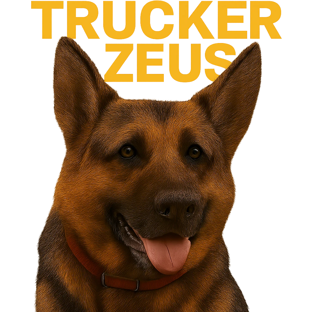 Make the background fully transparent while keeping the realistic German Shepherd and the yellow 'Trucker Zeus' text intact. Maintain maximum compression for the image. emoji