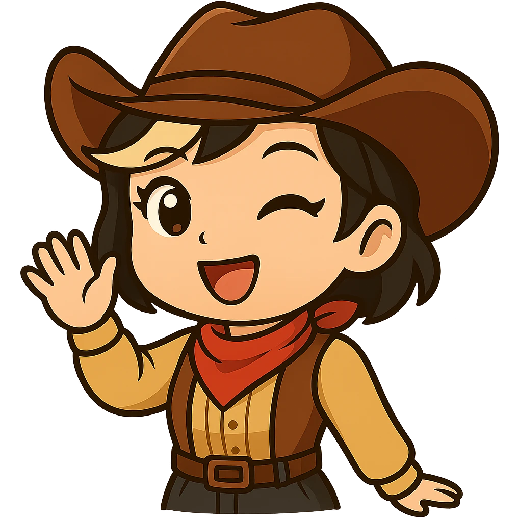 Chibi cowgirl with short hair and a blonde streak, wearing a cowboy hat and western outfit, no guns, chibi/anime style, transparent background, sized for Twitch or Discord use. Pose: waving with one hand, cheerful expression. emoji