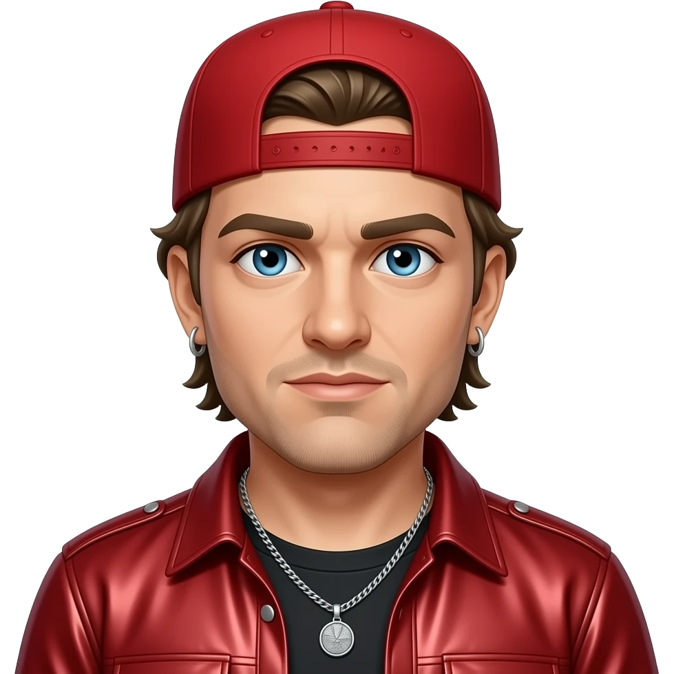 Fred Durst with blue eyes, dark blonde hair, red cap, red metallic shirt, silver necklace and short earrings emoji