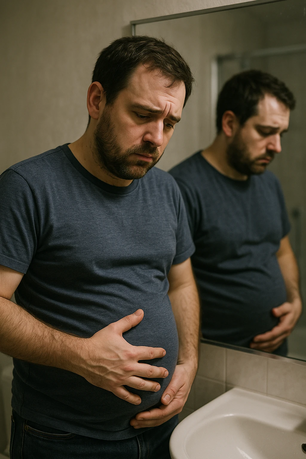 uomo che si guarda allo specchio triste mentre si tocca la pancia, pensieroso, iperrealistico 4k emoji