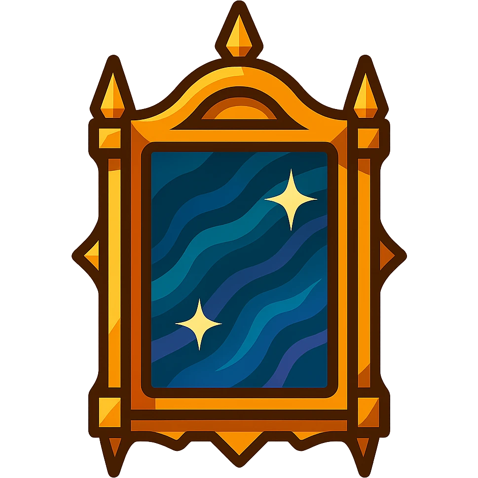 Edit the image of a magical atmospheric mirror in Harry Potter style. Change the frame shape to have protrusions of different forms. Add sharp shadows and highlights without smooth transitions. Maintain the Color Filled style with a transparent background. emoji