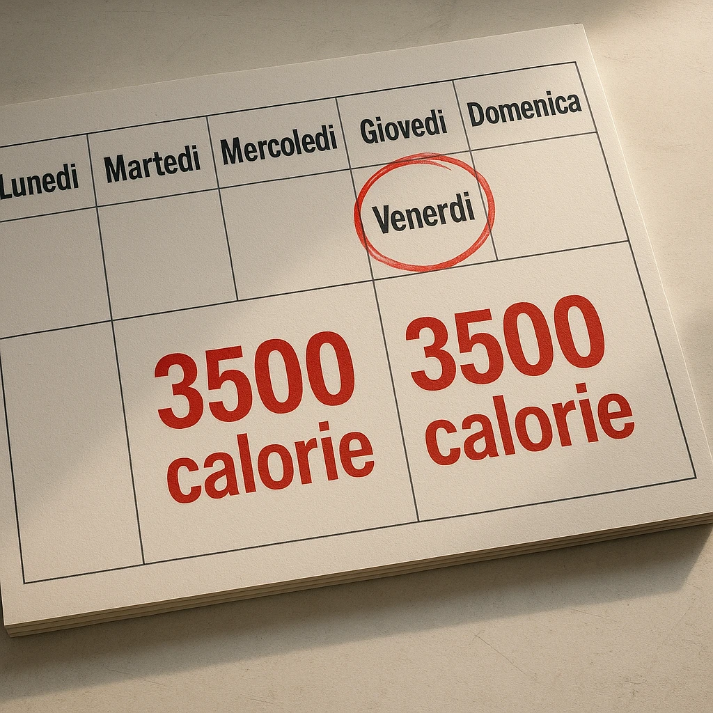 Hyperrealistic top-down view of a weekly calendar in Italian, showing days from Monday to Sunday. Friday is circled in red. Below both Saturday and Sunday, the text '3500 calorie' is large, centered, and in red. The scene has 4K details and a desk atmosphere. emoji