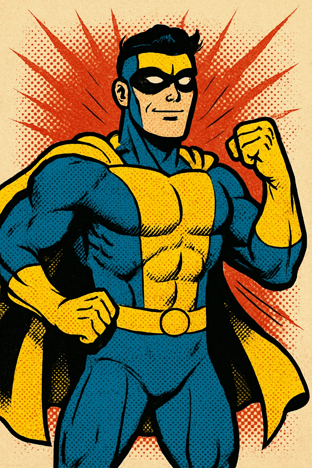 invincible superhero character wearing a blue and yellow suit, confident pose, comic book style emoji