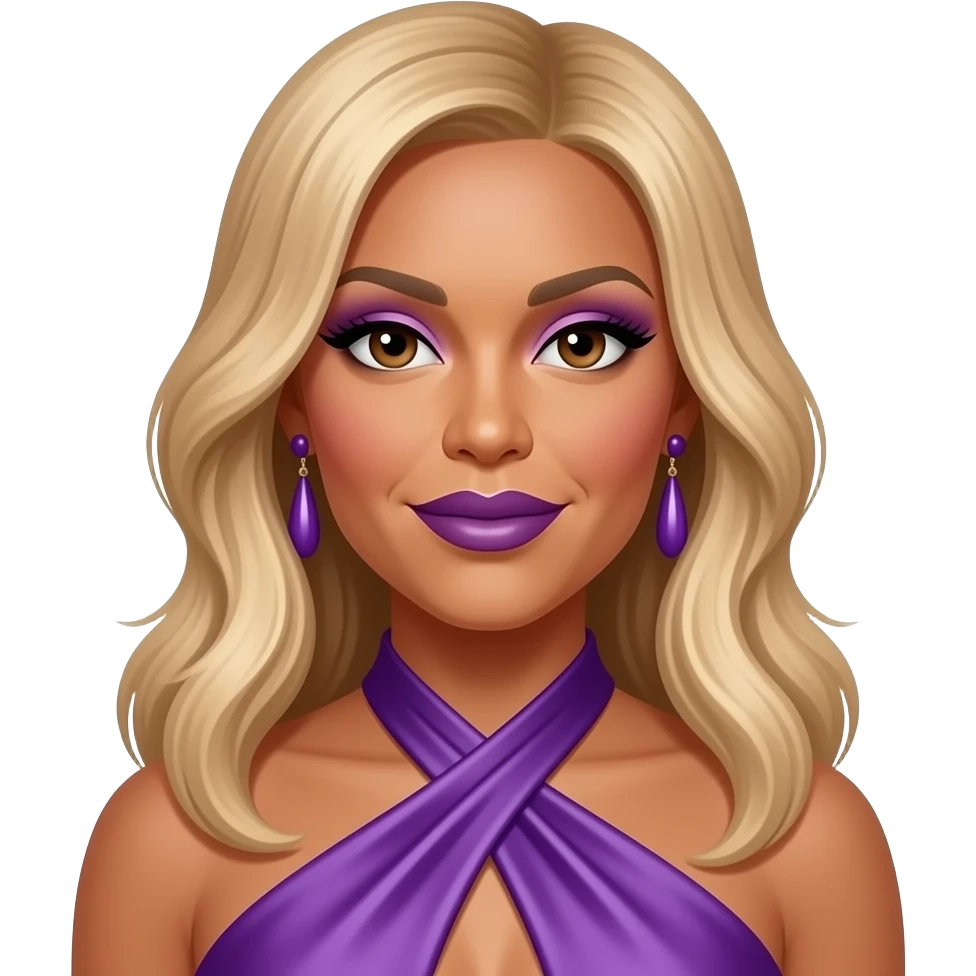 Wendy Williams with dark brown eyes, long strawberry blonde hair, purple eyeshadow dark purple lipstick, purple silk halter dress, purple earrings emoji