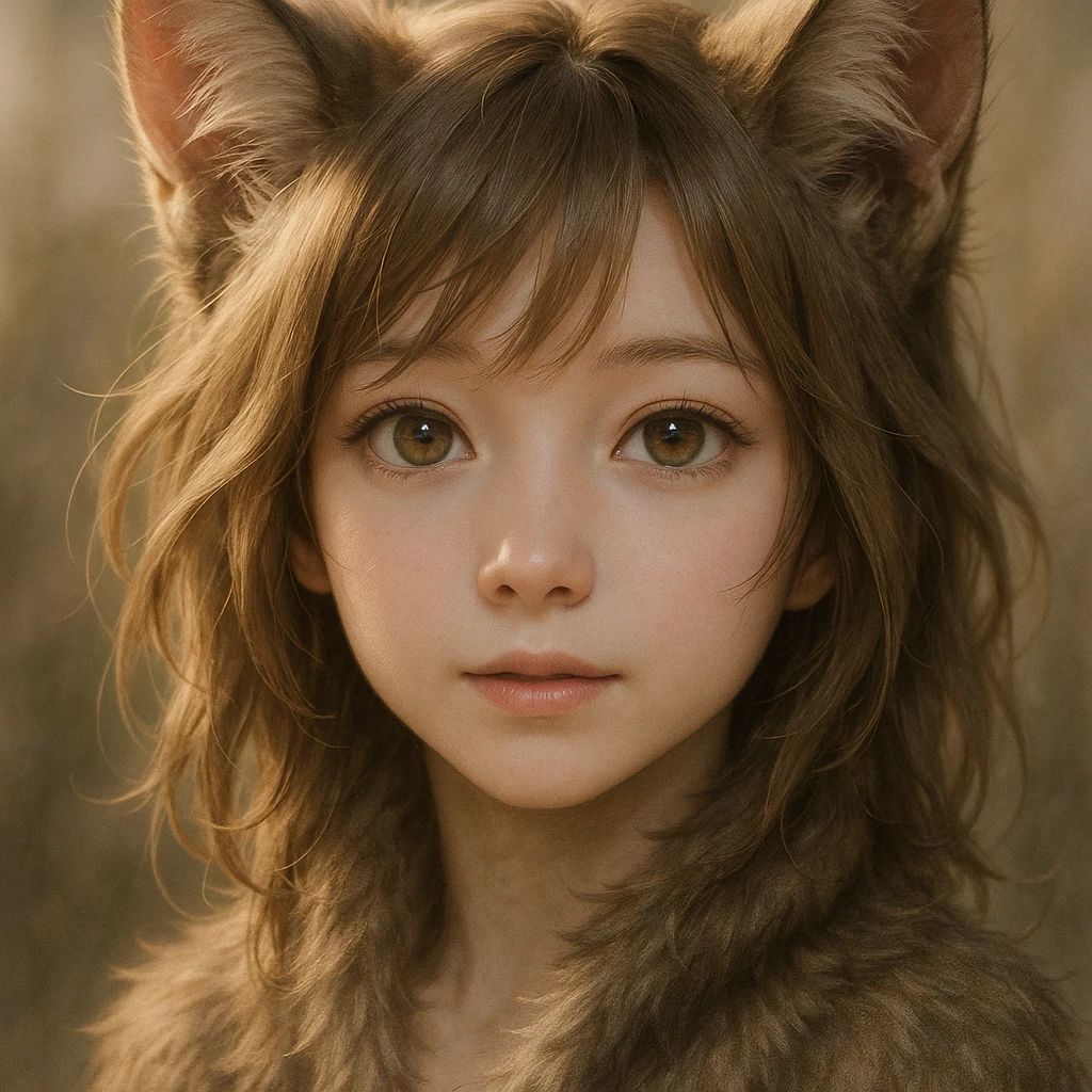 realistic catgirl, anime style, natural skin and fur blend, bright eyes, delicate expression emoji