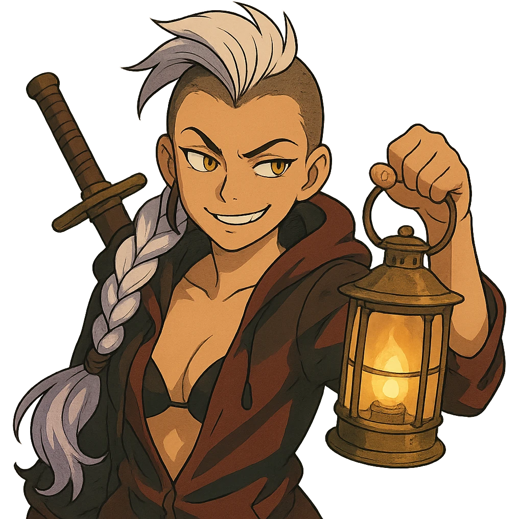 A sword maiden, mohawk, long braid white hair with lavender tips, gold yellow eyes, blood red and black revealing hoodie, brandishing a lantern. Mischievous smirk emoji