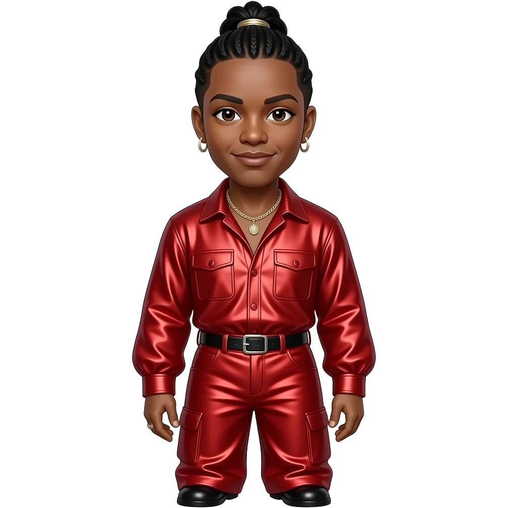 Bobby Brown with dark brown eyes, black high top fade hair, red metallic blouse, red metallic long baggy pants, necklace and earrings emoji
