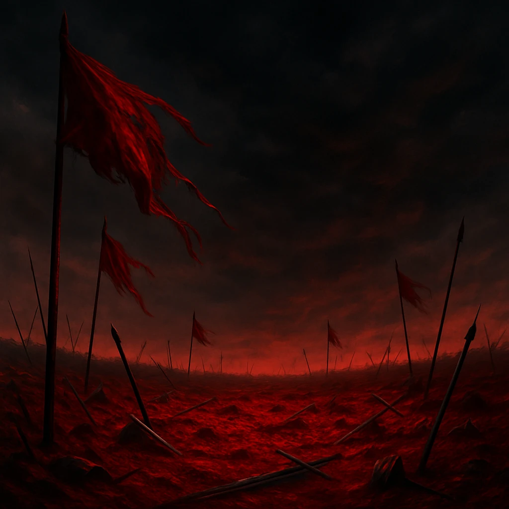 red battlefield, flags and weapons scattered, ominous sky emoji