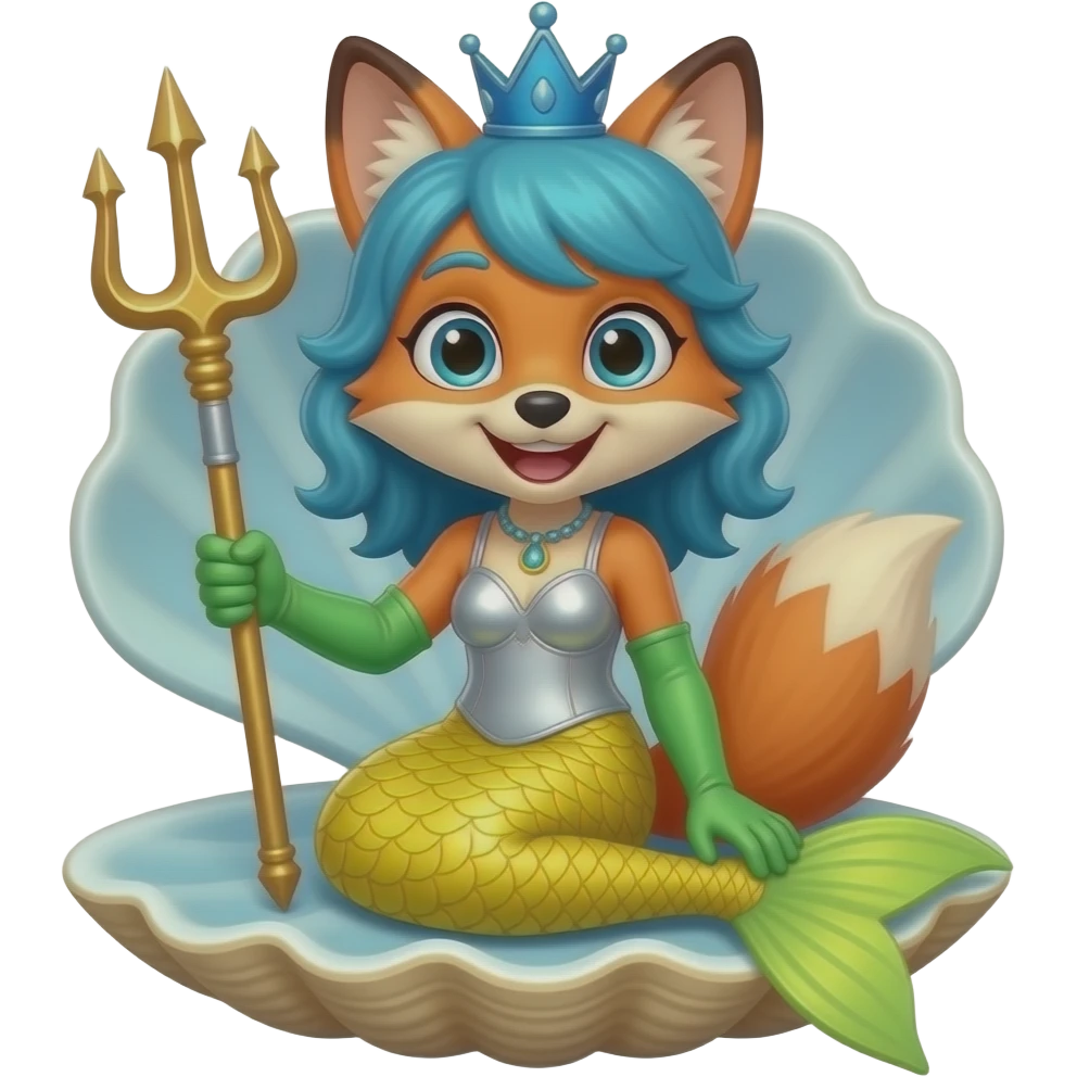 anthro fox  happy yellow mermaid tail  and long green gloves  blue hair crown sliver swimsuit sitting on an open toy clam holding a trident artistic creation, beautiful art cartoon style art kawaii style art clipart art emoji