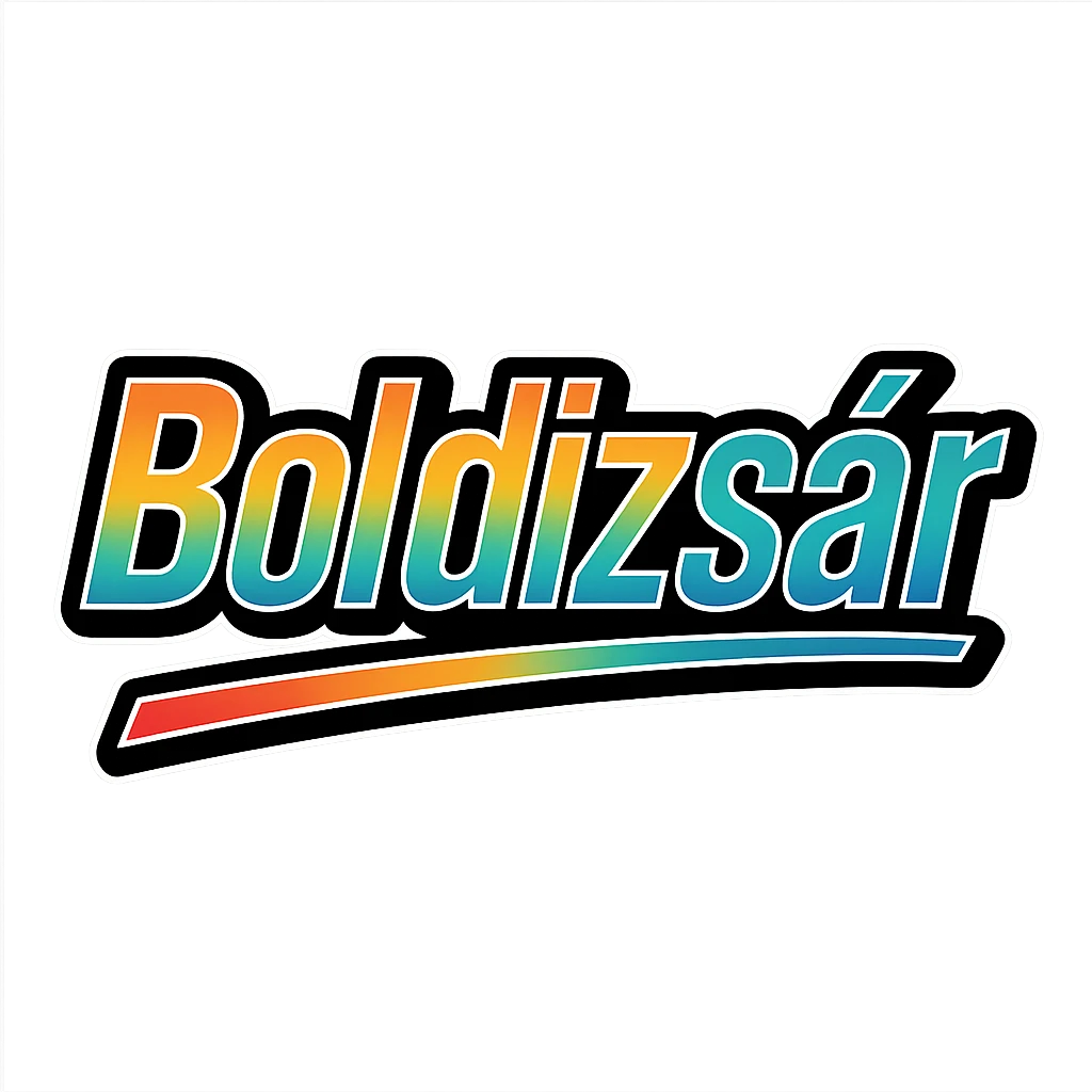 Boldizsár name in masculine, modern gradient font with precise Hungarian characters, dark outline, extra thick, prominent white letter border, dynamic slanted underline, rainbow gradient colors, 1000x1000 px, PNG, transparent background emoji