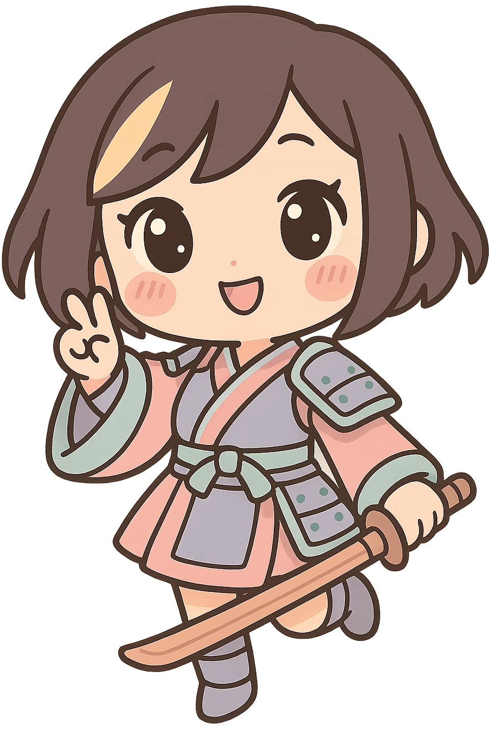 chibi style kawaii samurai girl with short hair and one streak of blonde in her hair, playful pose, kimono with armor accents, blushing cheeks emoji