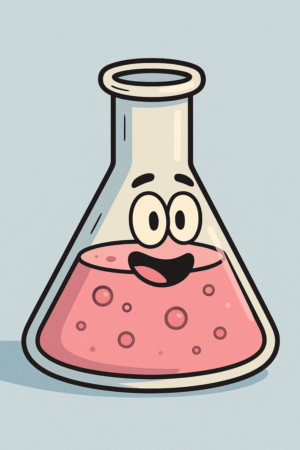 science conical flask with pink liquid, cartoon style, playful emoji
