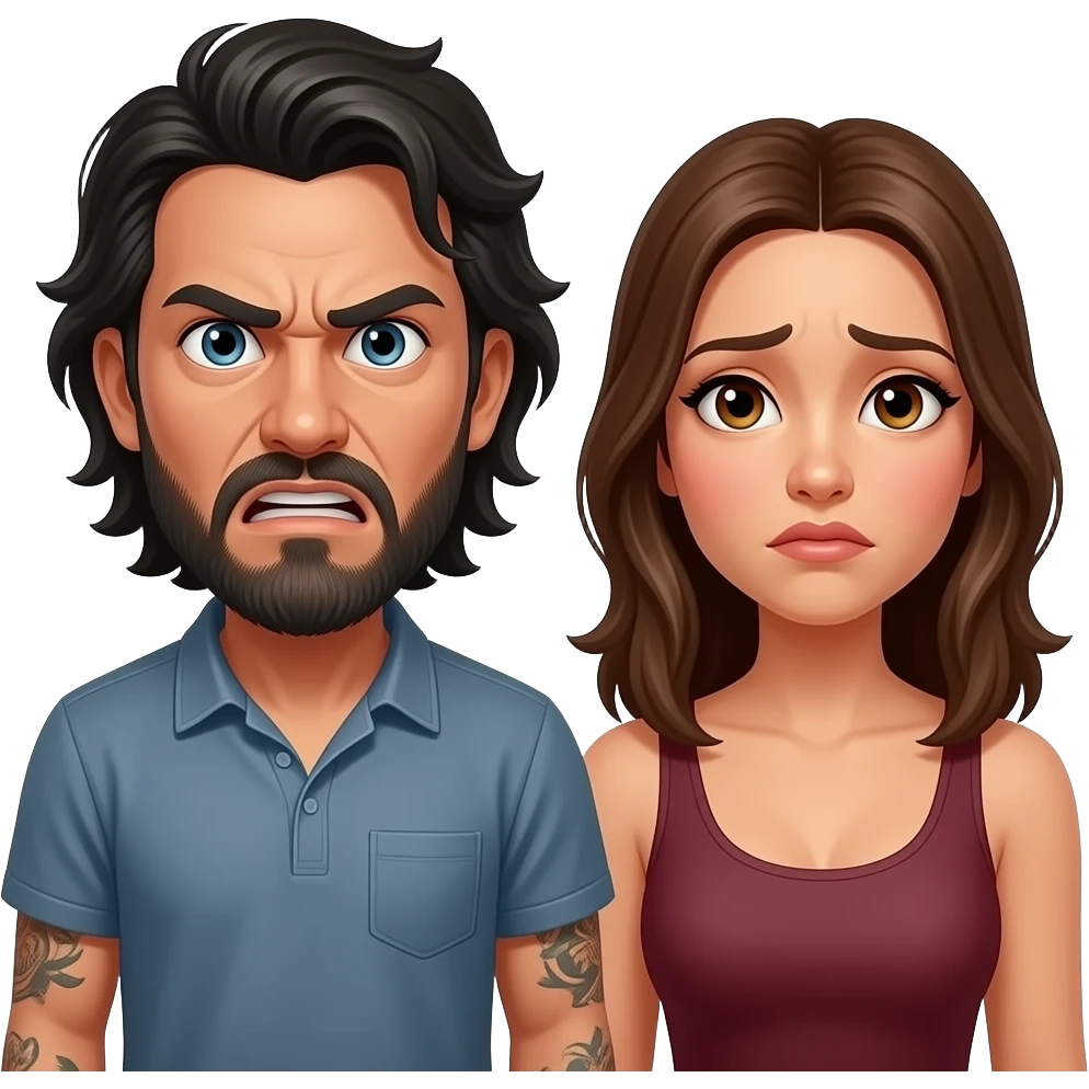 A really angry Latino husband with medium length hair and beard and tattoos found out his wife was cheating on him with a bald, red bearded guy, and his wife is beautiful with hazel eyes and shoulder length brown hair and their relationship is broken emoji