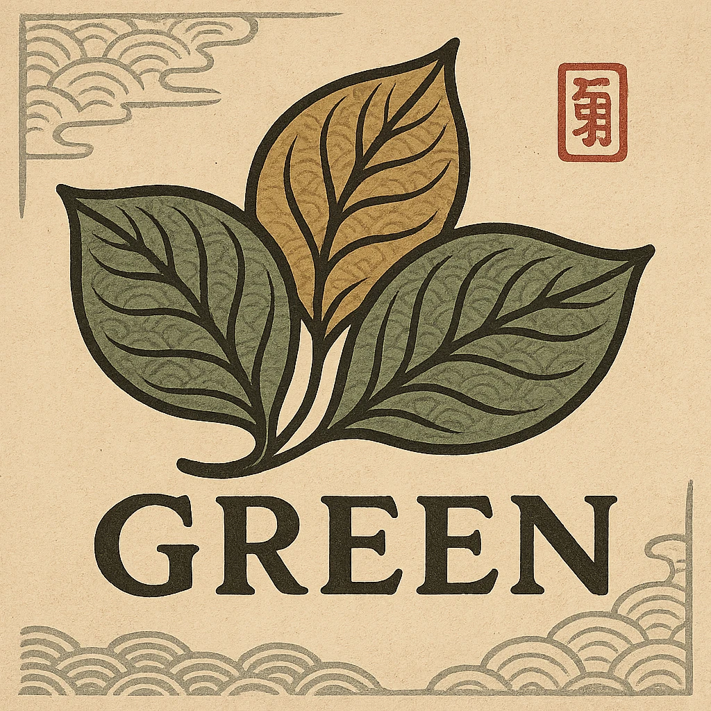 logo for a company called 'green', featuring stylized leaves and elegant Japanese-inspired design, company name incorporated emoji